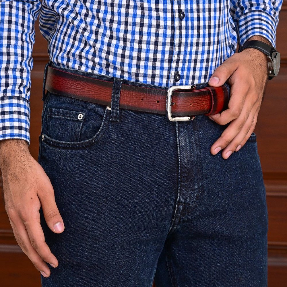 Full Grain Men's Vintage Sun Maroon Buffalo Leather Belt Free Personalization - Picture 10 of 14